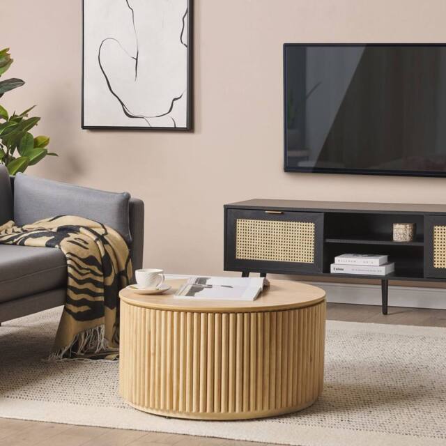 Wyld and Coco TV Stand Black Wood with Rattan Fronts 2 Cabinets W150 x D40 x H52cm - image 1