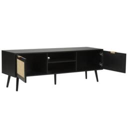 Wyld and Coco TV Stand Black Wood with Rattan Fronts 2 Cabinets W150 x D40 x H52cm - thumbnail 5