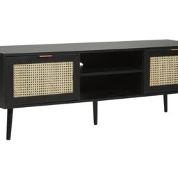 Wyld and Coco TV Stand Black Wood with Rattan Fronts 2 Cabinets W150 x D40 x H52cm - thumbnail 2