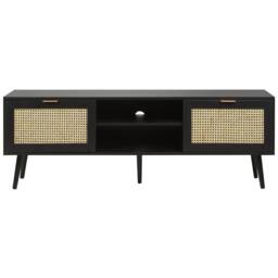 Wyld and Coco TV Stand Black Wood with Rattan Fronts 2 Cabinets W150 x D40 x H52cm - thumbnail 4