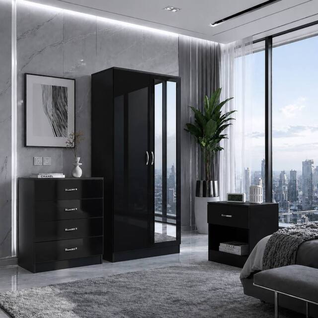 Harmin LUXURY Black 3 Piece Bedroom Furniture Set - Wardrobe, Chest & Bedside - image 1