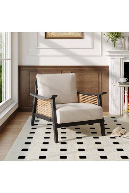 Fabric Rattan Accent Wooden Single Sofa Chair in Beige - image 1