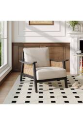 Fabric Rattan Accent Wooden Single Sofa Chair in Beige - thumbnail 1