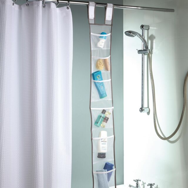 mysmartbuy 7 Pocket Hanging Shower Caddy - Fast Drying & Mildew Resistant Bathroom Organiser with Shower Rail Fastening - H135 x W17 x D0.5cm in White