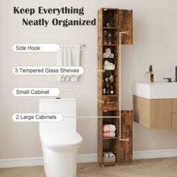 Costway 180 cm Tall Bathroom Cabinet Narrow Storage Organizer w/ 3 Doors in Brown - thumbnail 4