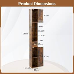 Costway 180 cm Tall Bathroom Cabinet Narrow Storage Organizer w/ 3 Doors in Brown - thumbnail 2