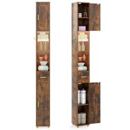 Costway 180 cm Tall Bathroom Cabinet Narrow Storage Organizer w/ 3 Doors in Brown - thumbnail 3