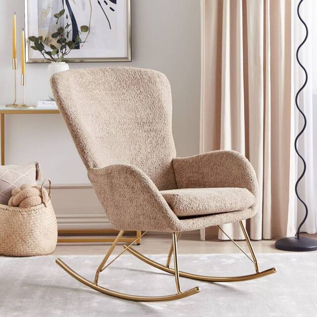 Wyld and Coco Beige Bouclé Rocking Armchair with Metal Legs Retro Style - image 1