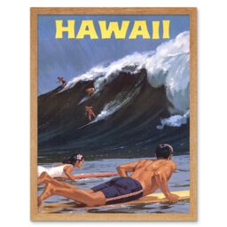 "Artery8 Wall Art Print Travel Tourism Retro Poster Hawaii USA Summer Surf Surfing Ocean Sea Wave Art Framed in Light Oak - Size: W12"" x H16""" - thumbnail 1