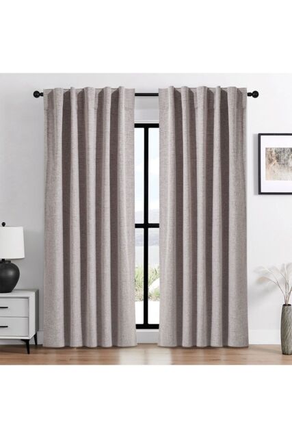 H&O Direct Beige Faux Linen Blackout Curtains Pair with Back Tab & Pole Pocket Top, 168cm W x 229 cm H - image 1