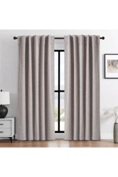 H&O Direct Beige Faux Linen Blackout Curtains Pair with Back Tab & Pole Pocket Top, 168cm W x 229 cm H - thumbnail 1