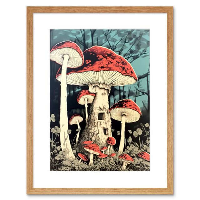 "Artery8 Wall Art Print Mushroom Fairy House Pastel Red Blue Green Magical Forest Fantasy Concept Kitchen Artwork Framed 9X7 Inch - Size: W7"" x H9""" - image 1