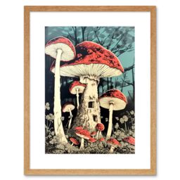 "Artery8 Wall Art Print Mushroom Fairy House Pastel Red Blue Green Magical Forest Fantasy Concept Kitchen Artwork Framed 9X7 Inch - Size: W7"" x H9""" - thumbnail 1