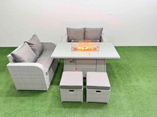 Fimous 6 Seater Outdoor Love Sofa Set Rattan Garden Furniture Set with Firepit Dining Table 2 Small Stools Light Grey - image 1