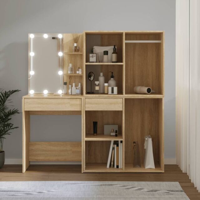 Berkfield Home LED Dressing Table with 2 Cabinets Sonoma Oak Engineered Wood in Brown - image 1