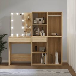 Berkfield Home LED Dressing Table with 2 Cabinets Sonoma Oak Engineered Wood in Brown - thumbnail 1