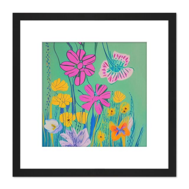 Artery8 Wildflower Meadow of Pink & Yellow Flowers in Bloom Vibrant Abstract Painting Square Wooden Framed Wall Art Print Picture 8X8 Inch in Black - image 1