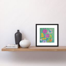 Artery8 Wildflower Meadow of Pink & Yellow Flowers in Bloom Vibrant Abstract Painting Square Wooden Framed Wall Art Print Picture 8X8 Inch in Black - thumbnail 2