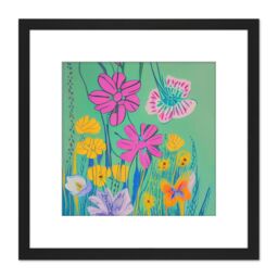 Artery8 Wildflower Meadow of Pink & Yellow Flowers in Bloom Vibrant Abstract Painting Square Wooden Framed Wall Art Print Picture 8X8 Inch in Black - thumbnail 1