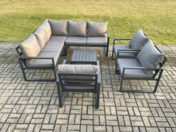 Fimous 8 Seater Outdoor Aluminium Garden Furniture Set Corner Lounge Sofa Set with Square Coffee Table Chair Dark Grey - thumbnail 2
