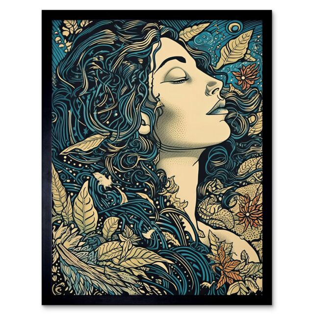 "Artery8 Wall Art Print Mother Nature Modern Boho Art Nouveau Linocut Art Framed in Black - Size: W12"" x H16""" - image 1