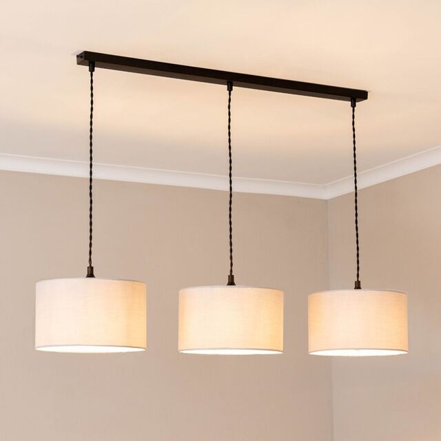 ValueLights Reni Fabric Drum Shade 3 Drop Bar Matte Black Diner Ceiling Pendant Light in Grey - image 1