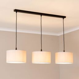 ValueLights Reni Fabric Drum Shade 3 Drop Bar Matte Black Diner Ceiling Pendant Light in Grey - thumbnail 1