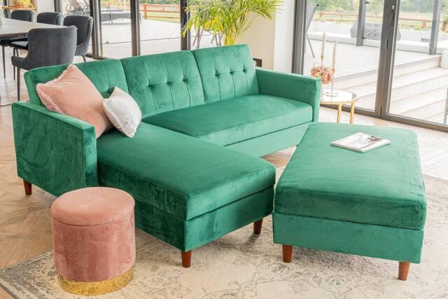 Furniture Maxi Destin Reversible Velvet Corner Sofa With Storage Chaise & Ottoman Bench in Green - image 1