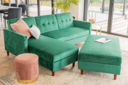 Furniture Maxi Destin Reversible Velvet Corner Sofa With Storage Chaise & Ottoman Bench in Green
