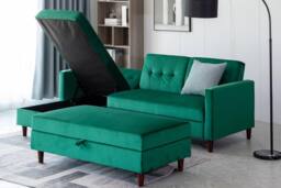 Furniture Maxi Destin Reversible Velvet Corner Sofa With Storage Chaise & Ottoman Bench in Green - thumbnail 4