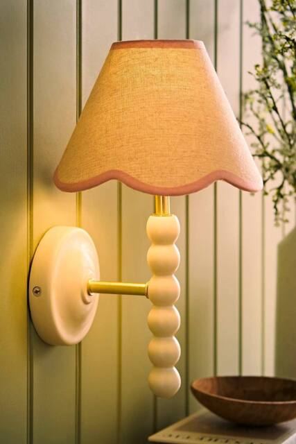 ValueLights Bobbins Cream Bobble Wall Light with Trim Linen Lamp Shade & Bulb in Baby Pink - image 1