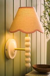 ValueLights Bobbins Cream Bobble Wall Light with Trim Linen Lamp Shade & Bulb in Baby Pink
