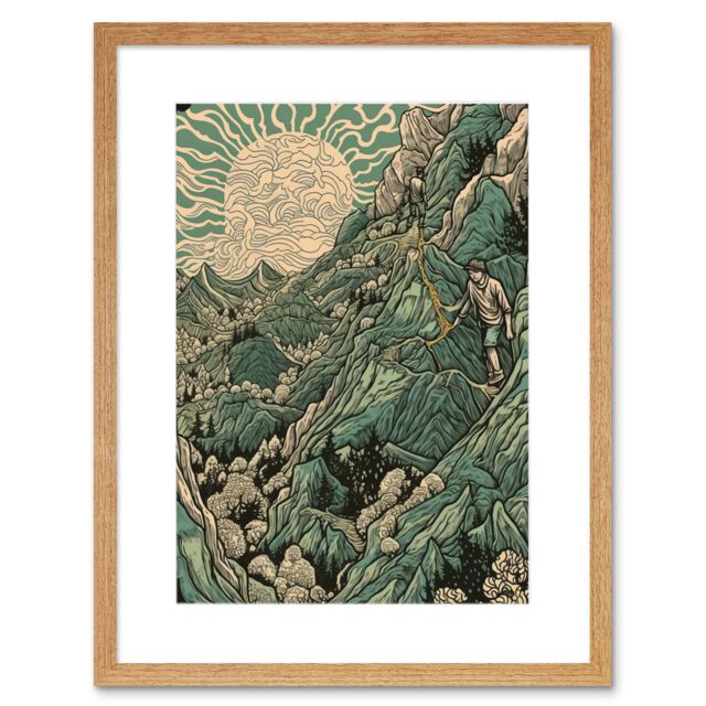 "Artery8 Wall Art Print Climb Every Mountain Hikers at Sunrise Linocut Artwork Framed 9X7 Inch in Beige - Size: W7"" x H9""" - image 1