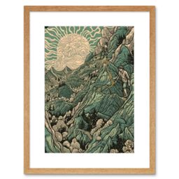 "Artery8 Wall Art Print Climb Every Mountain Hikers at Sunrise Linocut Artwork Framed 9X7 Inch in Beige - Size: W7"" x H9""" - thumbnail 1
