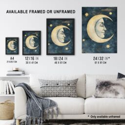 "Artery8 Man in Moon with Stars Drawing Vintage Peaceful Framed Art Print in Blue - Size: W12"" x H16""" - thumbnail 3