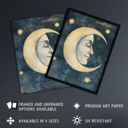 "Artery8 Man in Moon with Stars Drawing Vintage Peaceful Framed Art Print in Blue - Size: W12"" x H16""" - thumbnail 2