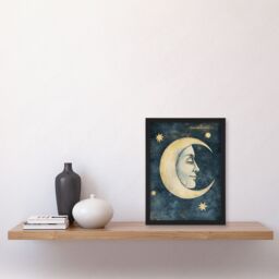 "Artery8 Man in Moon with Stars Drawing Vintage Peaceful Framed Art Print in Blue - Size: W12"" x H16""" - thumbnail 4