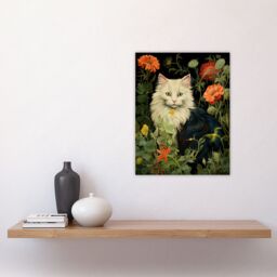 "Artery8 Stylish Black & White Cat Flowers Green Floral Design Illustration Peony Unframed Wall Art Print Poster Home Decor Premium - Size: W12"" x H16""" - thumbnail 4