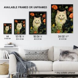 "Artery8 Stylish Black & White Cat Flowers Green Floral Design Illustration Peony Unframed Wall Art Print Poster Home Decor Premium - Size: W12"" x H16""" - thumbnail 3