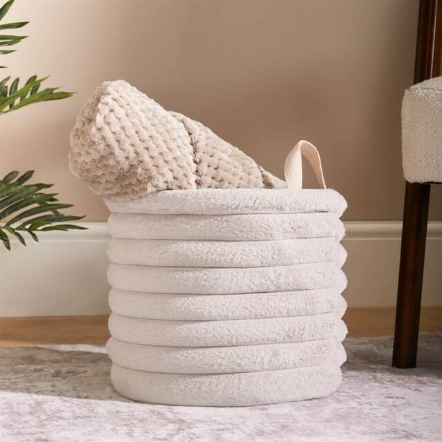 OHS Ribbed Faux Fur Storage Basket with Handles Compact Bucket Organiser in Natural - image 1