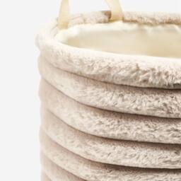 OHS Ribbed Faux Fur Storage Basket with Handles Compact Bucket Organiser in Natural - thumbnail 5