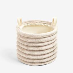 OHS Ribbed Faux Fur Storage Basket with Handles Compact Bucket Organiser in Natural - thumbnail 3