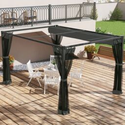 OUTSUNNY Pergola with Retractable Roof & Netting, Dark Grey