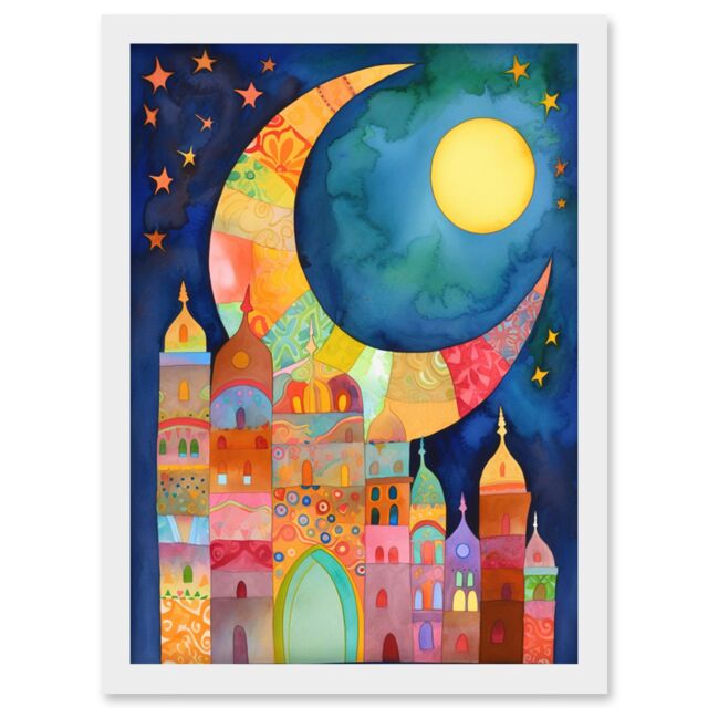 Artery8 Eid Crescent Moon Cityscape Folk Art Watercolour Painting Artwork Framed Wall Art Print A4 in White - image 1