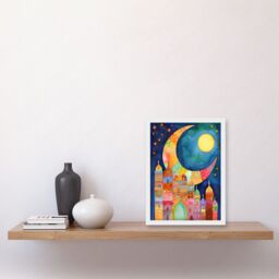 Artery8 Eid Crescent Moon Cityscape Folk Art Watercolour Painting Artwork Framed Wall Art Print A4 in White - thumbnail 2