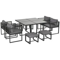 OUTSUNNY 8 Seater Aluminium Garden Dining Cube Setwith 4 Chairs 4 Footstools in Grey - thumbnail 2