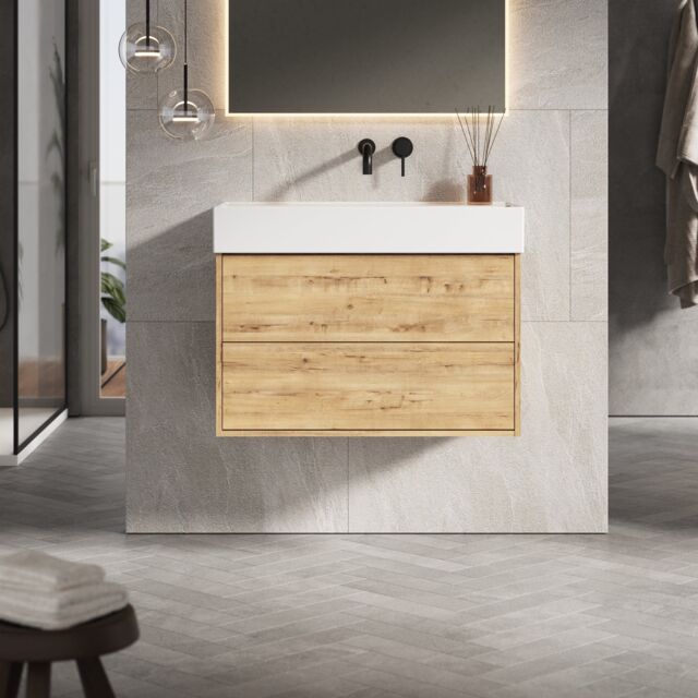 Banyetti Venti 800mm Wall Hung Vanity Unit with Veneto No Tap Hole Basin - Ostippo Oak in Light Oak - image 1