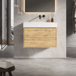 Banyetti Venti 800mm Wall Hung Vanity Unit with Veneto No Tap Hole Basin - Ostippo Oak in Light Oak - thumbnail 1