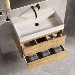 Banyetti Venti 800mm Wall Hung Vanity Unit with Veneto No Tap Hole Basin - Ostippo Oak in Light Oak - thumbnail 4