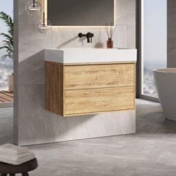 Banyetti Venti 800mm Wall Hung Vanity Unit with Veneto No Tap Hole Basin - Ostippo Oak in Light Oak - thumbnail 3